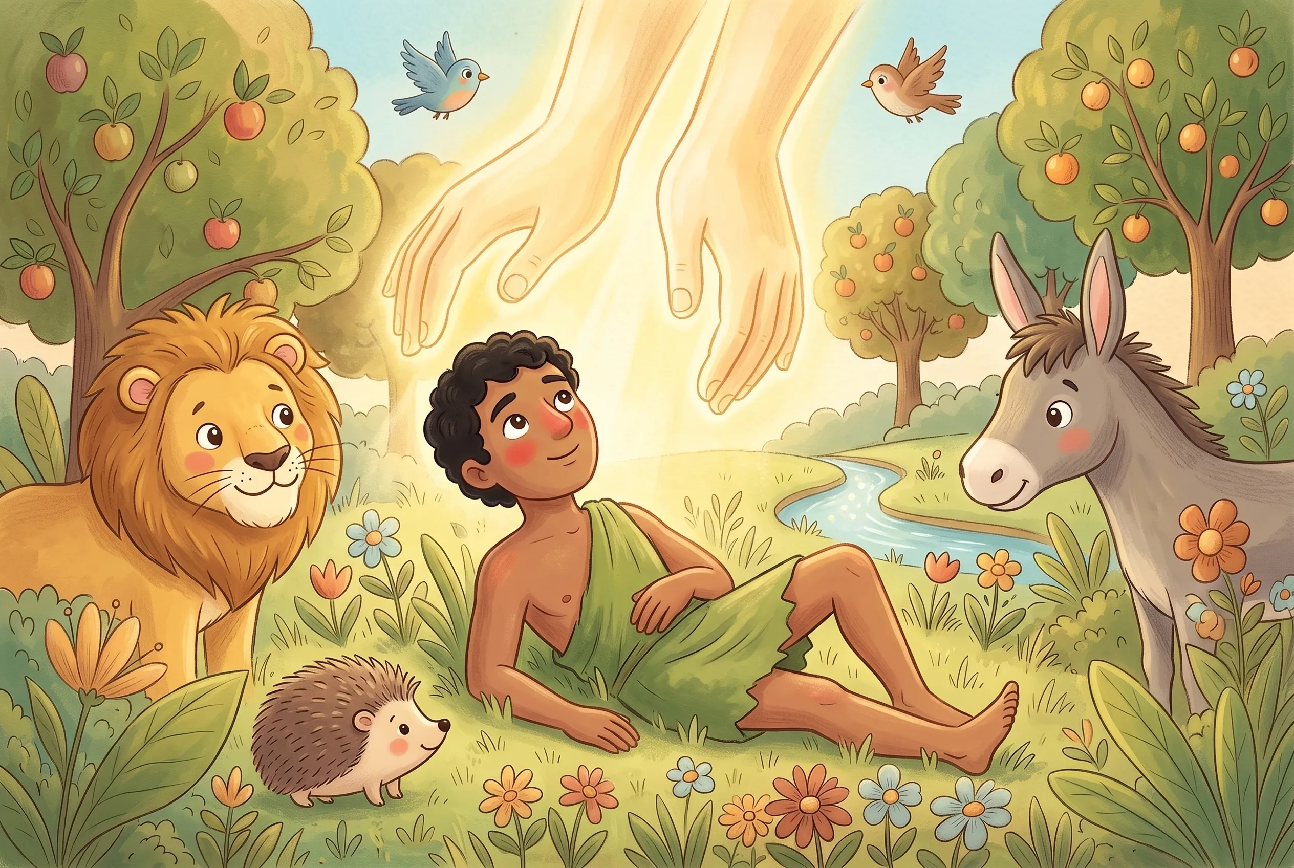 Illustration zu „Gott macht den Menschen“: Gott kniet im Garten und beugt sich über Adam, der gerade die Augen aufschlägt; ringsum schauen neugierig ein Löwe, ein Esel und ein Igel.