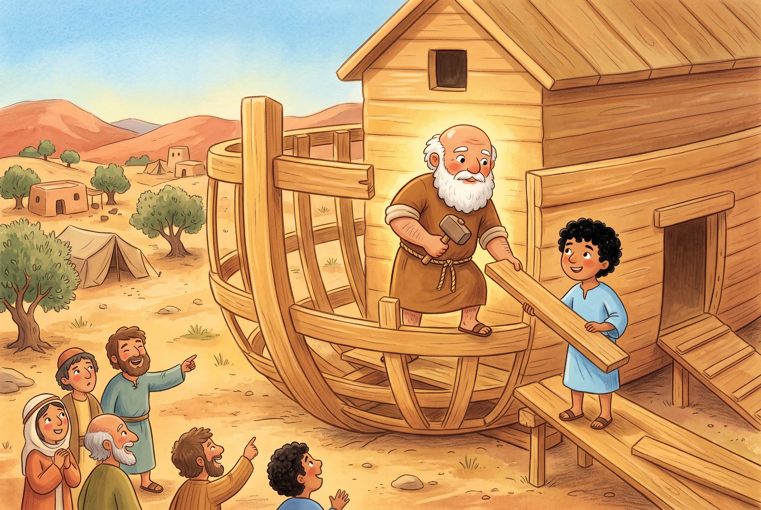 Illustration zu „Noah baut ein großes Schiff“: Noah steht mit Hammer auf einem halbfertigen, riesigen Schiffsgerippe mitten in einer trockenen Landschaft, unten lachen die Nachbarn.