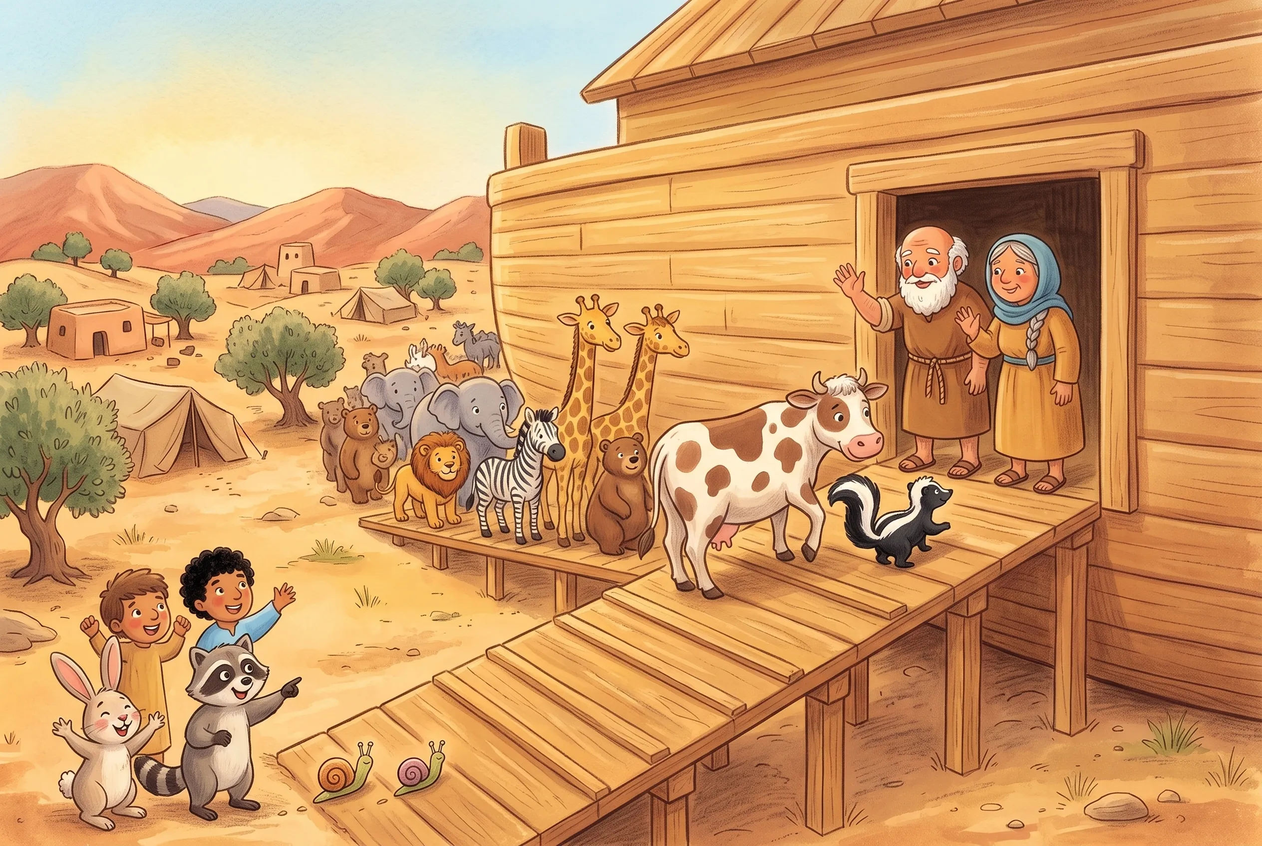 Illustration zu „Alle Tiere gehen an Bord“: Eine lange Schlange von Tieren auf der Rampe zur Arche; ganz vorne das Stinktier, dem die Kuh freundlich Platz macht, ganz hinten zwei Schnecken, die von allen angefeuert werden.