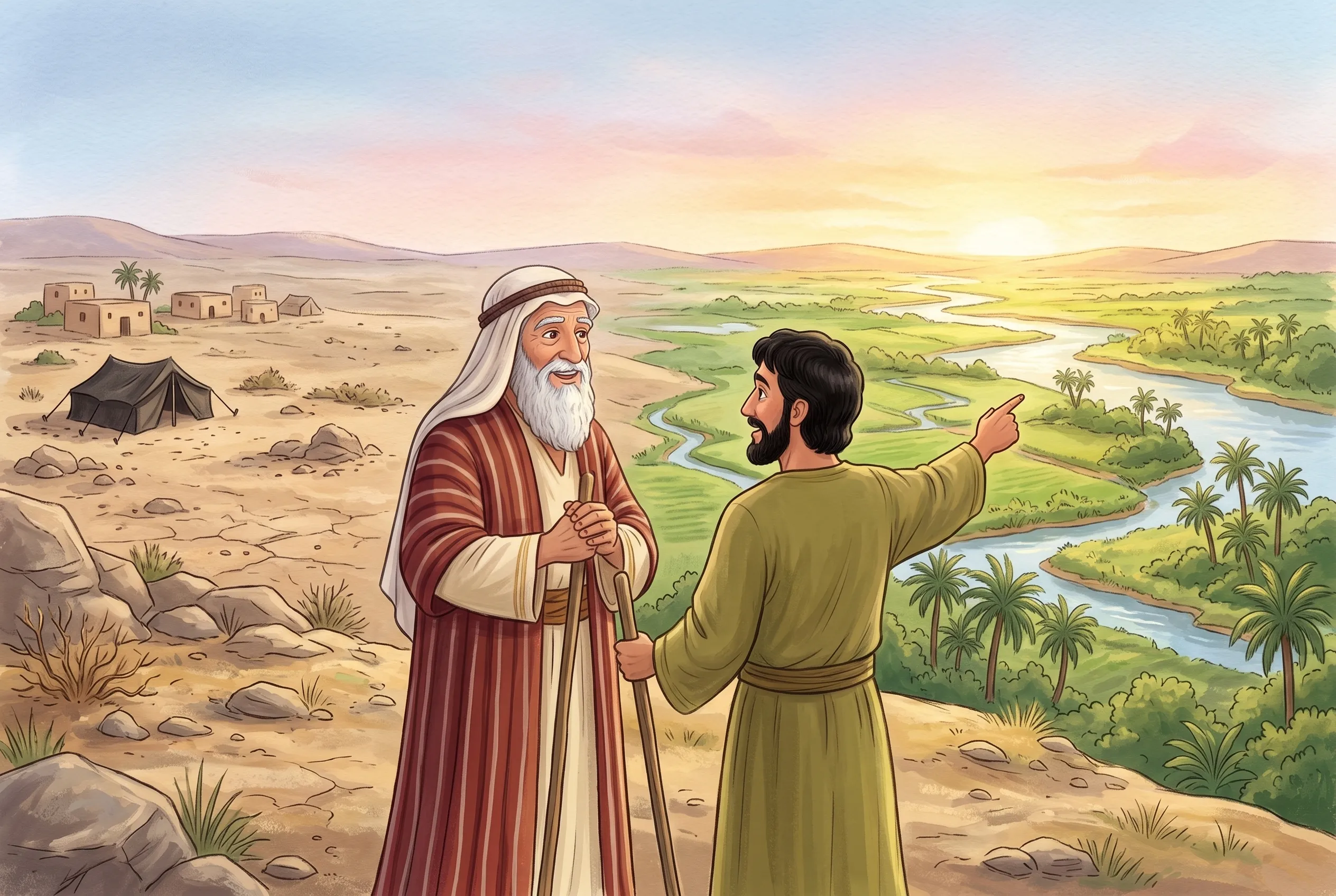 Illustration zu „Abraham lässt Lot zuerst wählen“: Abraham und Lot stehen auf einem Hügel; links liegt steiniges, trockenes Land, rechts ein grünes Flusstal; Lot zeigt nach rechts.