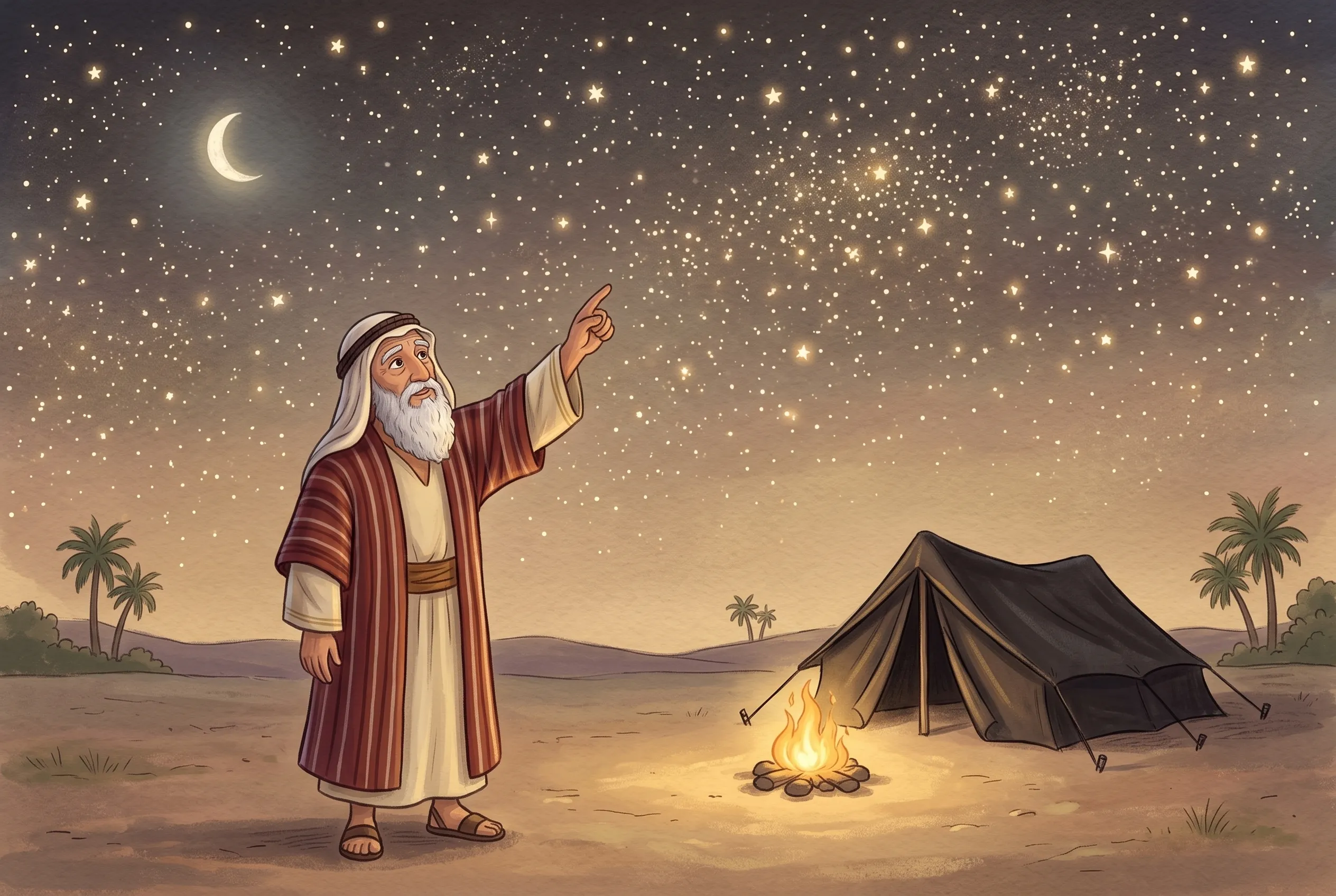 Illustration zu „Abraham zählt die Sterne“: Der alte Abraham steht allein unter einem überwältigenden Sternenhimmel und zeigt mit dem Finger nach oben, hinten das Zelt mit einem kleinen Feuer.
