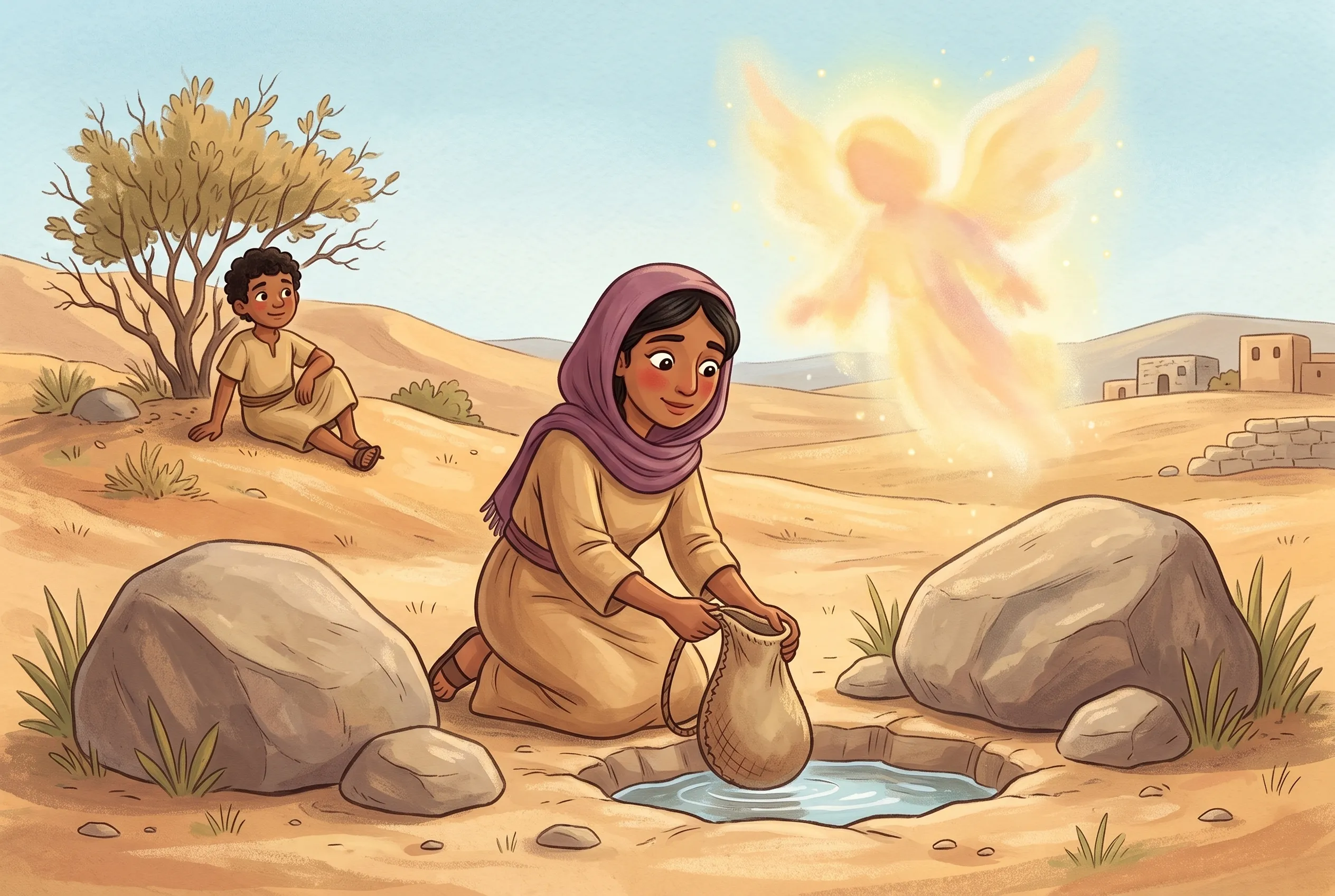Illustration zu „Hagar und Ismael: Gott hört das Weinen“: Hagar kniet am plötzlich entdeckten Brunnen zwischen zwei Steinen in der Wüste, im Hintergrund sitzt Ismael unter einem struppigen Busch, ein Engel als heller Schimmer.