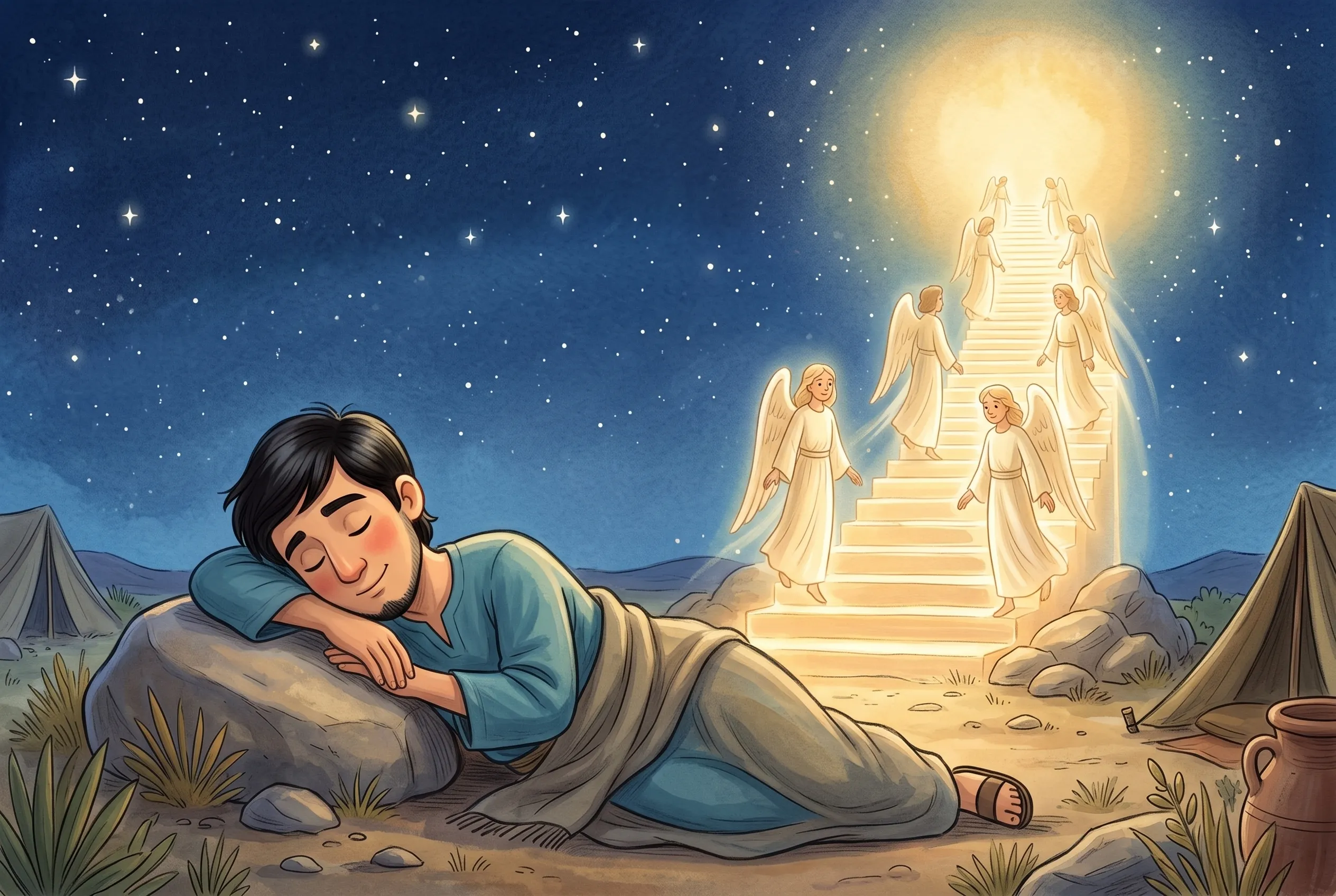 Illustration zu „Jakobs Traum von der Himmelsleiter“: Jakob schläft mit dem Kopf auf einem Stein, neben ihm steigt eine leuchtende Treppe in den Sternenhimmel, auf der Engel auf- und absteigen.