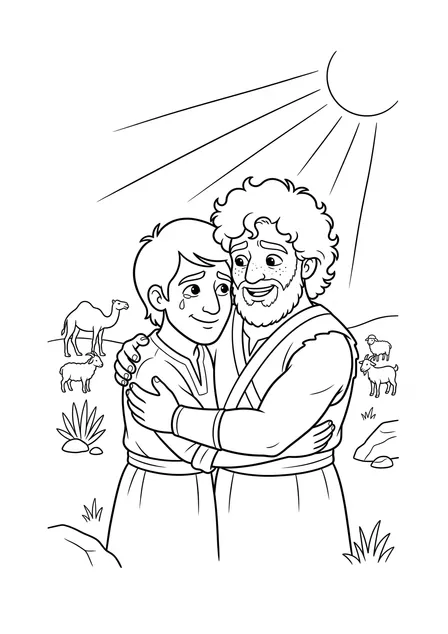 Ausmalbild zu „Jakob und Esau umarmen sich“ (Vorschau)