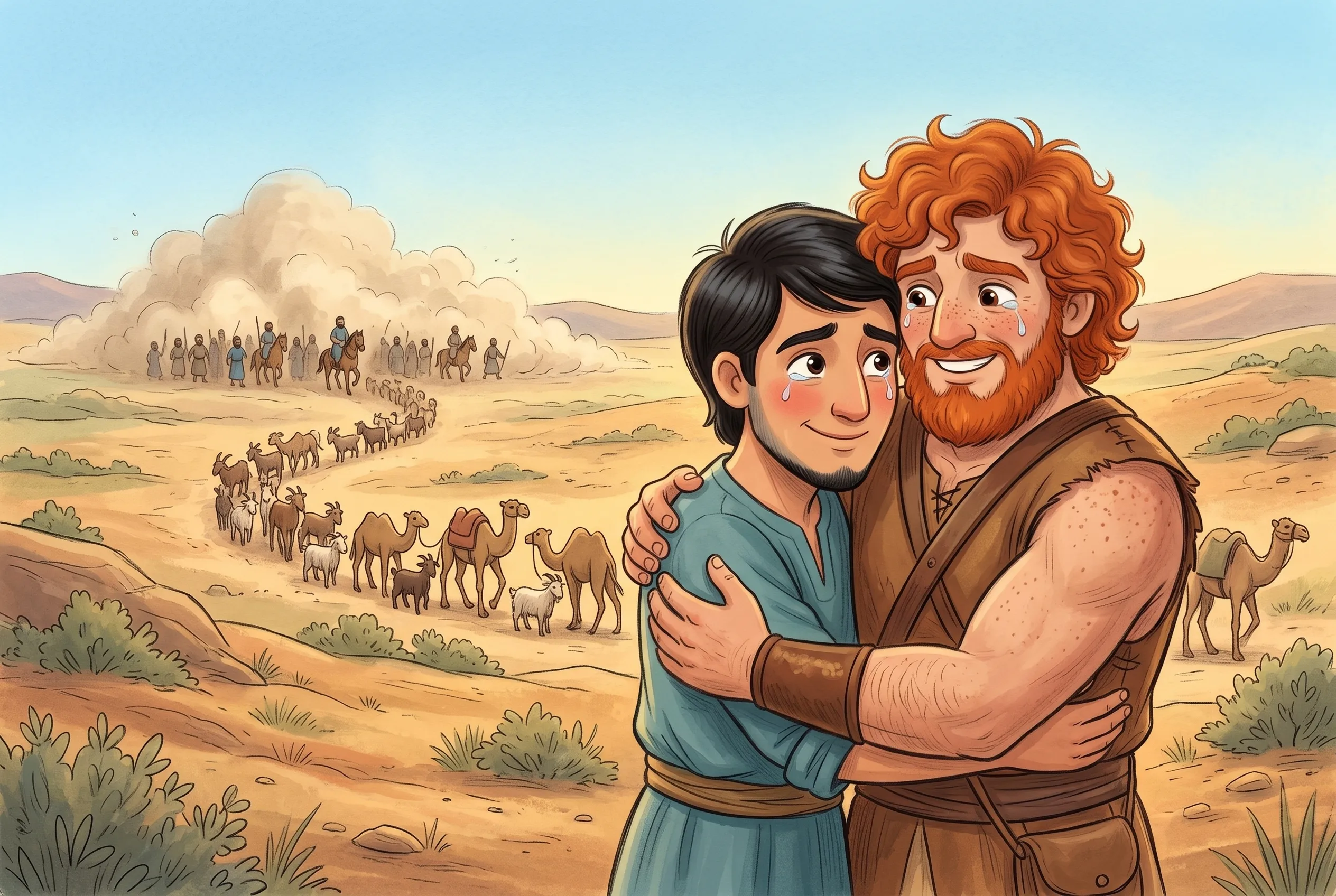 Illustration zu „Jakob und Esau umarmen sich“: Esau mit roten Haaren und Jakob liegen sich weinend in den Armen, im Hintergrund eine Staubwolke mit Männern und eine lange Reihe von Geschenk-Ziegen und Kamelen.
