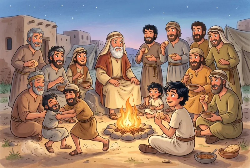 Szene 1: Abends am Feuer: Der alte Vater Jakob sitzt mit seinen zwölf Söhnen zusammen; sie lachen, raufen und essen Brot mit Linsen.