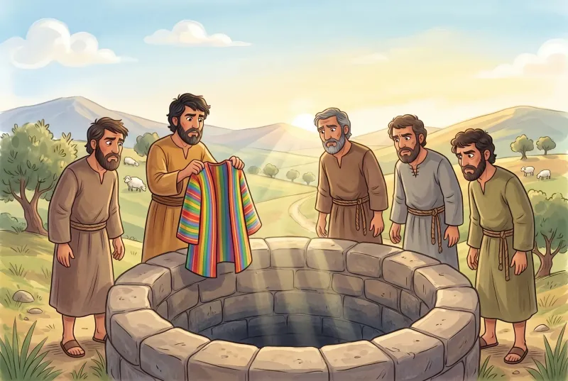 Szene 4: Die Brüder stehen am Rand eines alten, gemauerten Brunnens; einer hält den bunten Mantel in der Hand.