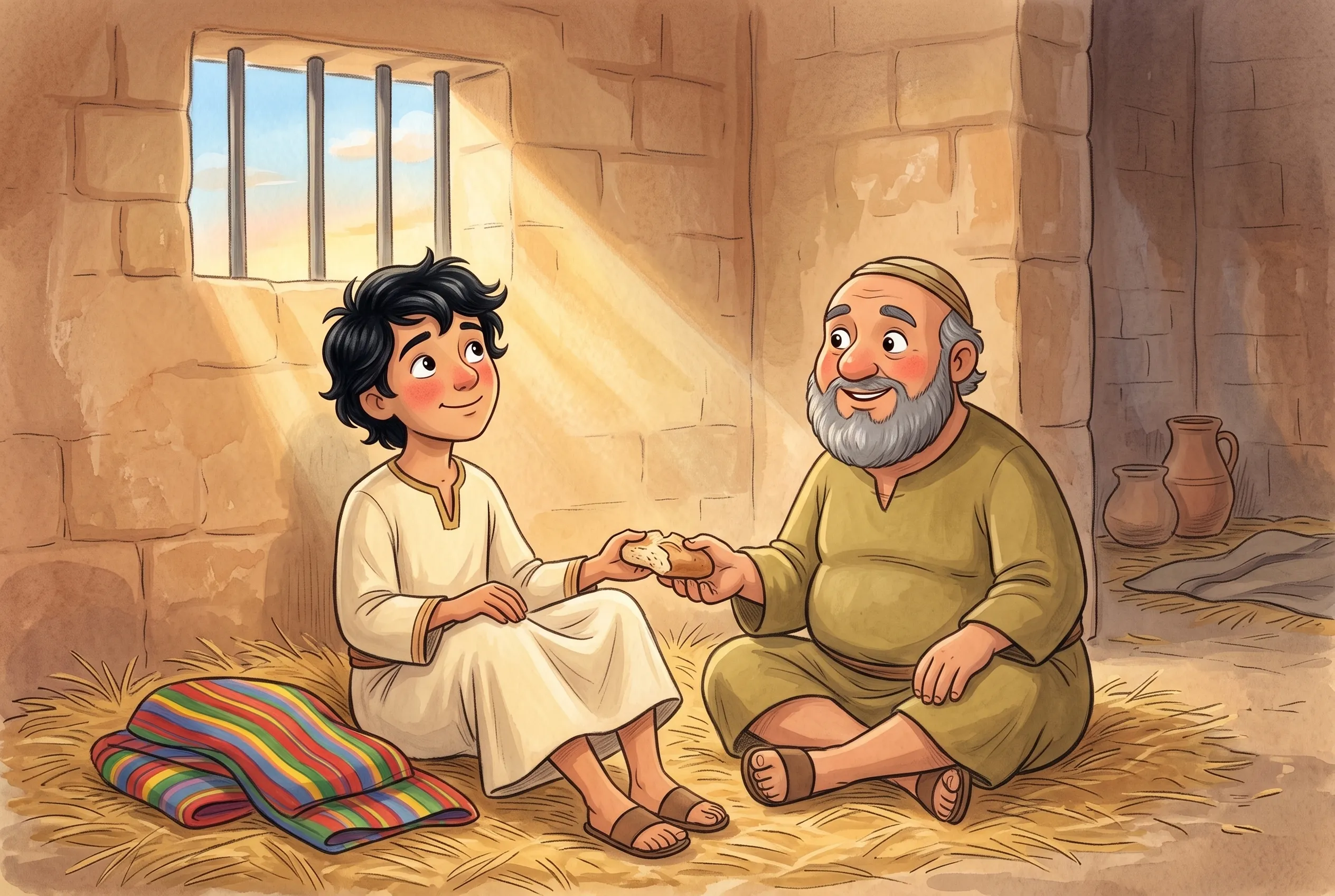 Illustration zu „Josef im Gefängnis – der Mundschenk vergisst ihn“: Josef sitzt am vergitterten Gefängnisfenster und schaut auf ein Stückchen Himmel, neben ihm teilt er sein Brot mit einem anderen Gefangenen.