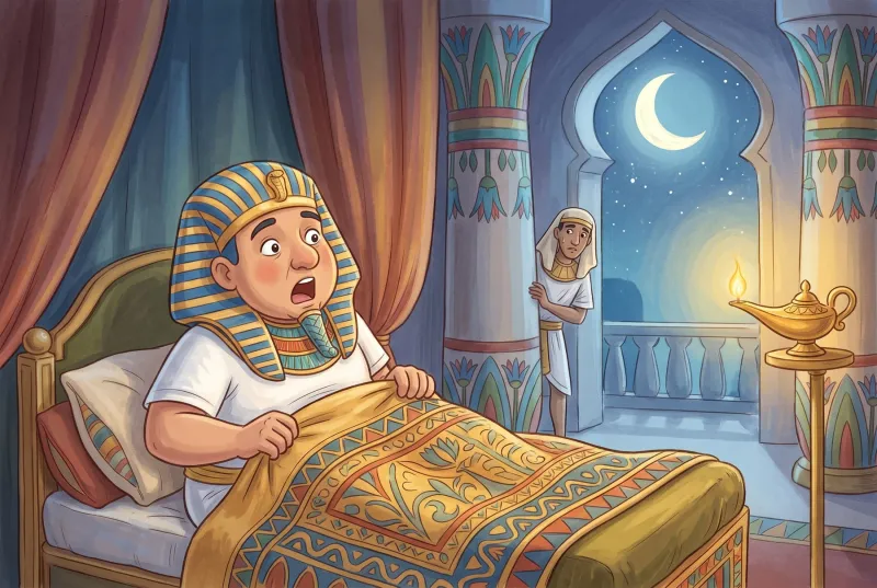 Szene 1: Der Pharao schreckt in seinem prächtigen Bett aus dem Schlaf hoch.
