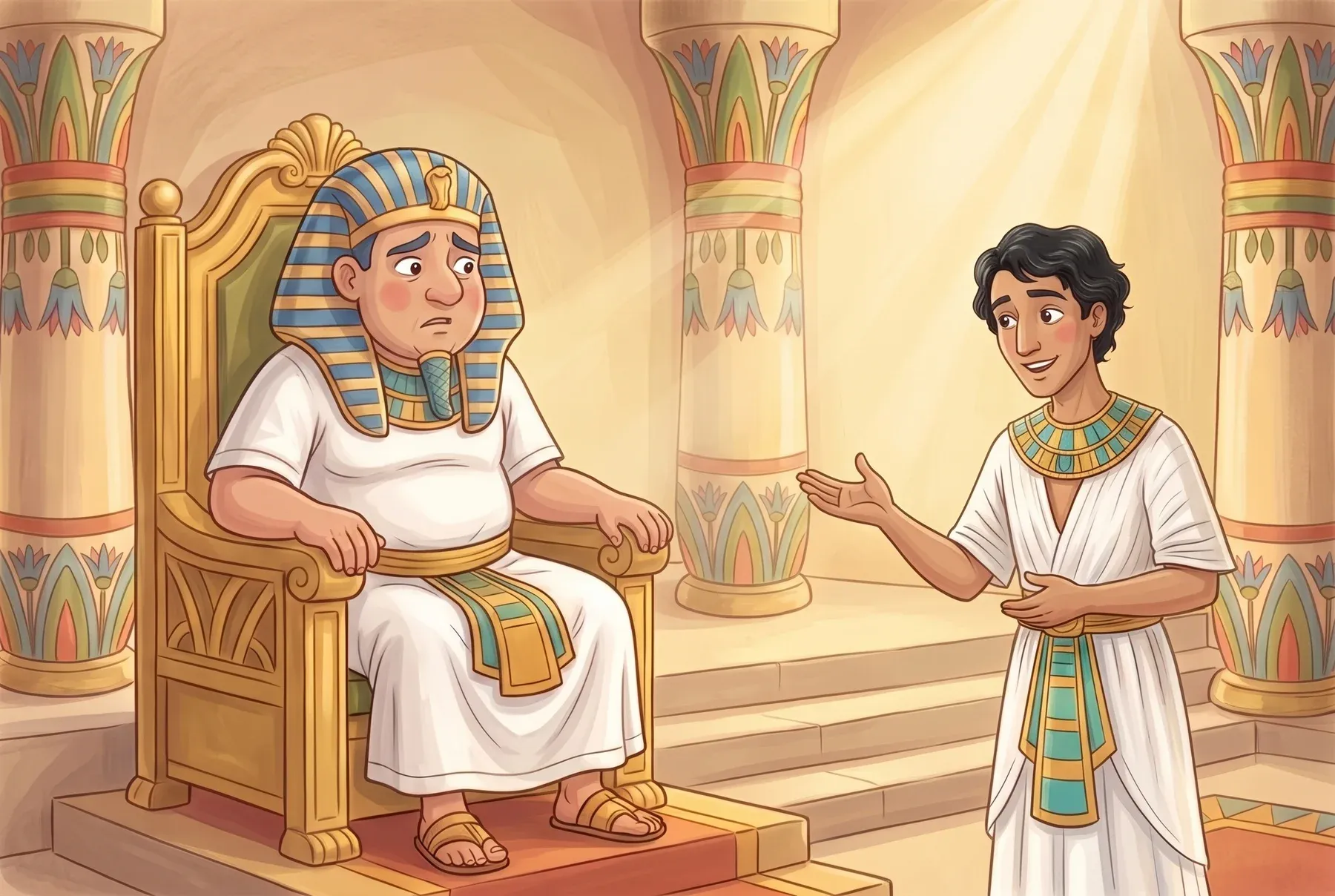 Szene 6: Josef steht frisch gewaschen in sauberen Kleidern vor dem Thron des Pharao.