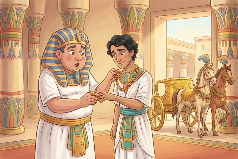 Szene 8: Der Pharao steckt Josef staunend einen Ring an und legt ihm eine goldene Kette um; daneben wartet ein glänzender Wagen.