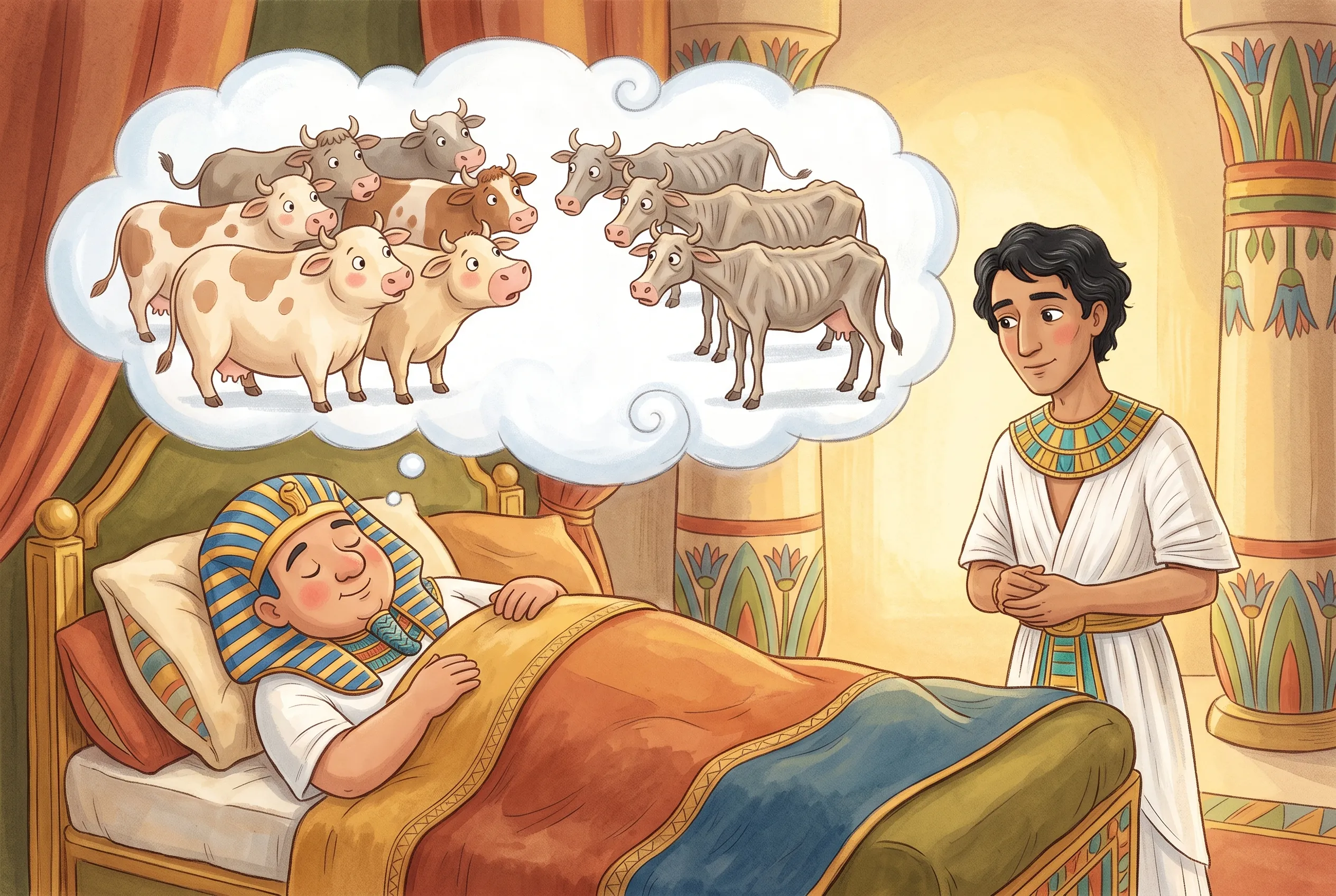 Illustration zu „Josef deutet die Träume des Pharao“: Der Pharao im Bett mit Traumwolke, darin sieben dicke Kühe, die erschrocken auf sieben dürre Kühe schauen.