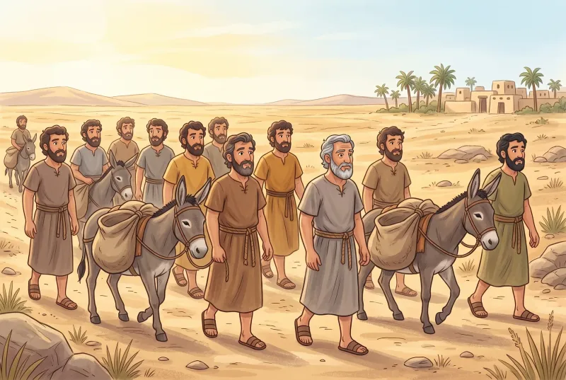 Szene 2: Die Brüder ziehen mit Eseln und leeren Säcken durch die trockene Landschaft nach Ägypten.