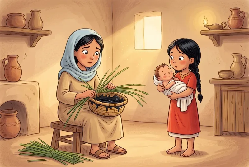 Szene 2: Die Mutter flicht in der Küche ein Körbchen aus grünen Binsen, Mirjam hält das Baby und schaut zu.