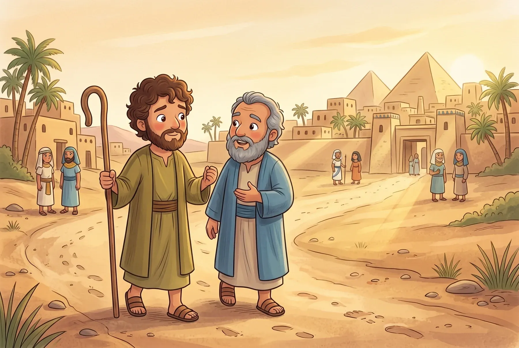 Szene 1: Mose und sein Bruder Aaron gehen nebeneinander auf einer staubigen Straße auf die Stadt in Ägypten zu.