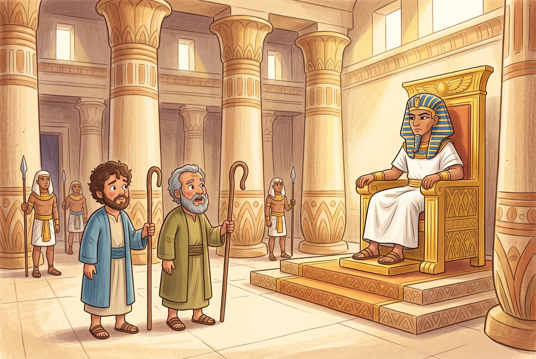 Szene 2: Mose und Aaron stehen klein zwischen riesigen Säulen vor dem goldenen Thron des Pharao, der abweisend schaut.