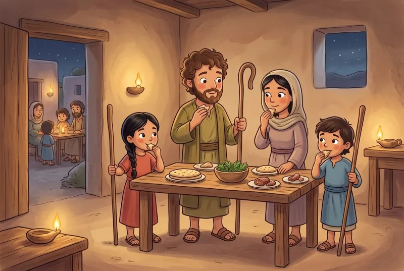 Szene 5: Nachts in einem Haus: Eine Familie isst im Stehen an einem Tisch, alle haben Sandalen an und Wanderstäbe in der Hand.