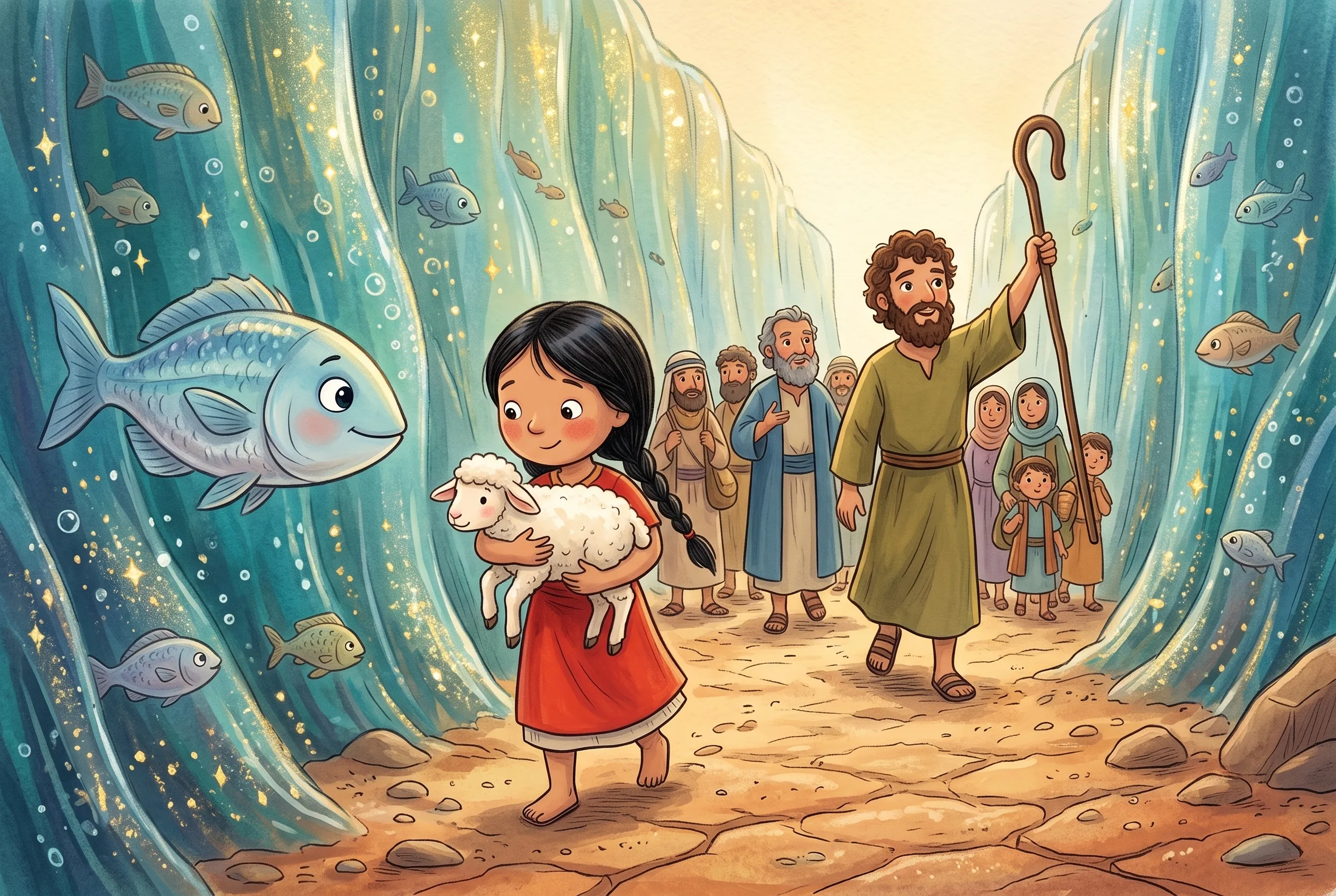 Illustration zu „Ein Weg mitten durchs Meer“: Ein Mädchen mit einem Lamm im Arm läuft auf trockenem Grund zwischen zwei hohen, glitzernden Wasserwänden, in denen Fische schwimmen; ein großer Fisch schaut sie an.