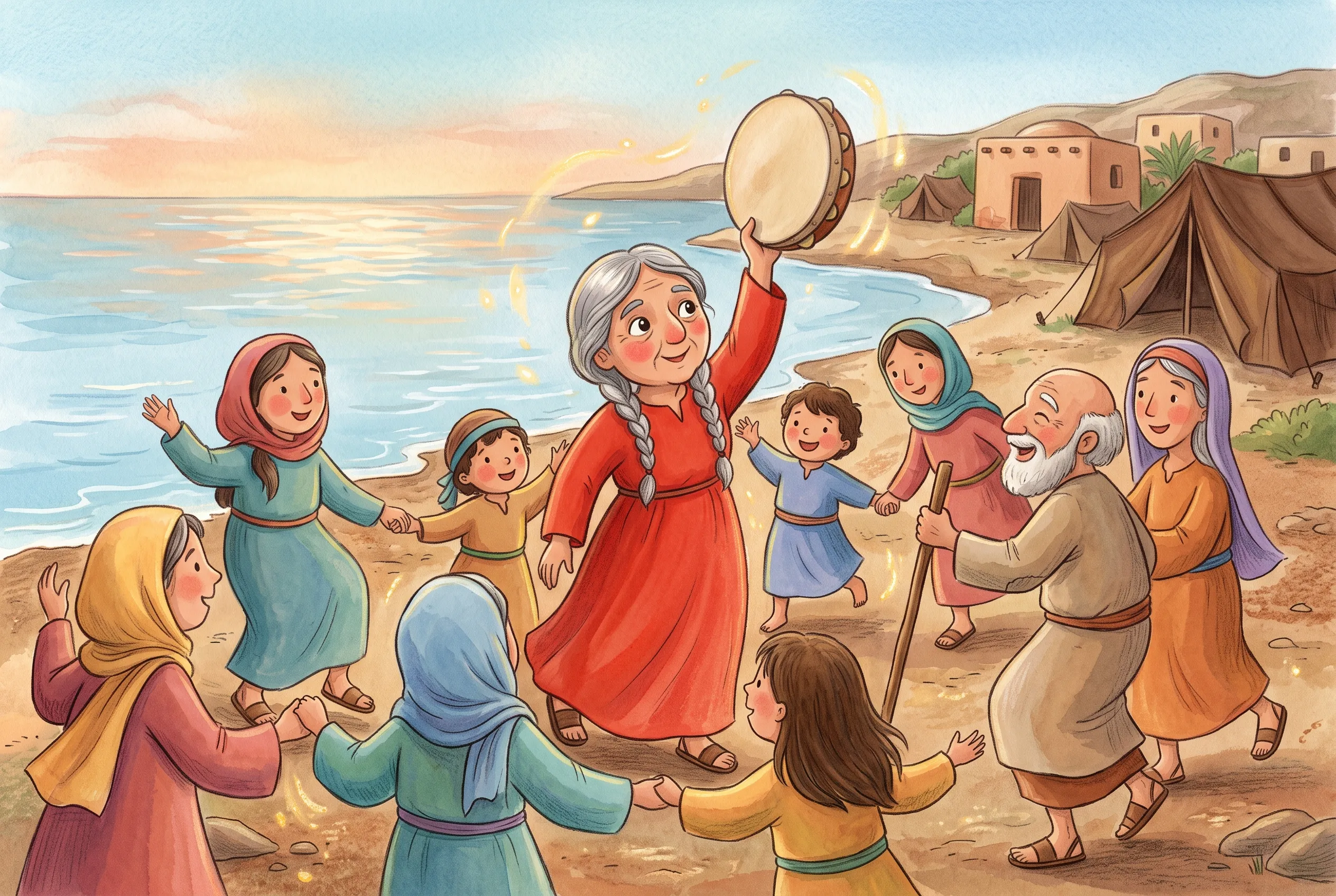 Illustration zu „Mirjam tanzt mit der Pauke“: Die grauhaarige Mirjam tanzt mit erhobener Handpauke am Ufer, um sie herum wirbeln Frauen, Kinder und sogar ein alter Mann mit Stock; im Hintergrund das ruhige Meer.