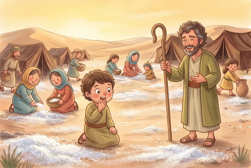 Szene 3: Der Junge kostet mit großen runden Augen das Manna, Mose steht lachend daneben; dahinter sammeln Leute mit Körben.