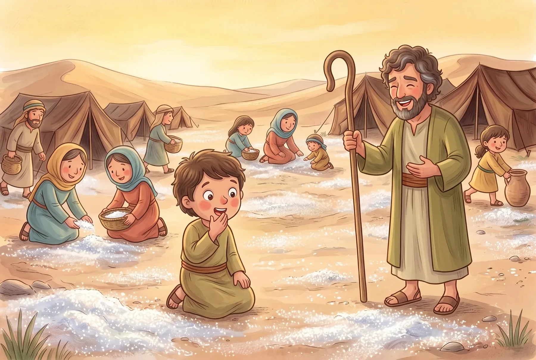 Szene 3: Der Junge kostet mit großen runden Augen das Manna, Mose steht lachend daneben; dahinter sammeln Leute mit Körben.