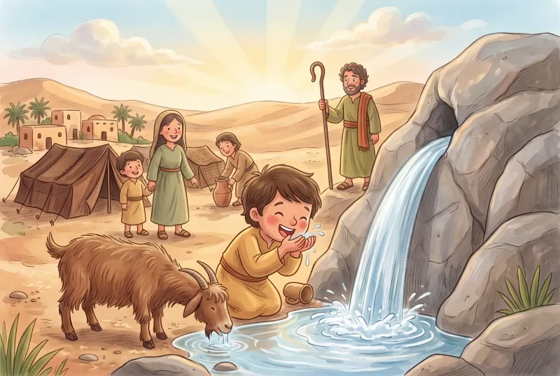 Szene 5: Klares Wasser sprudelt aus dem Felsen; Rafael kniet davor und trinkt lachend, die Ziege Mimi schlabbert daneben.