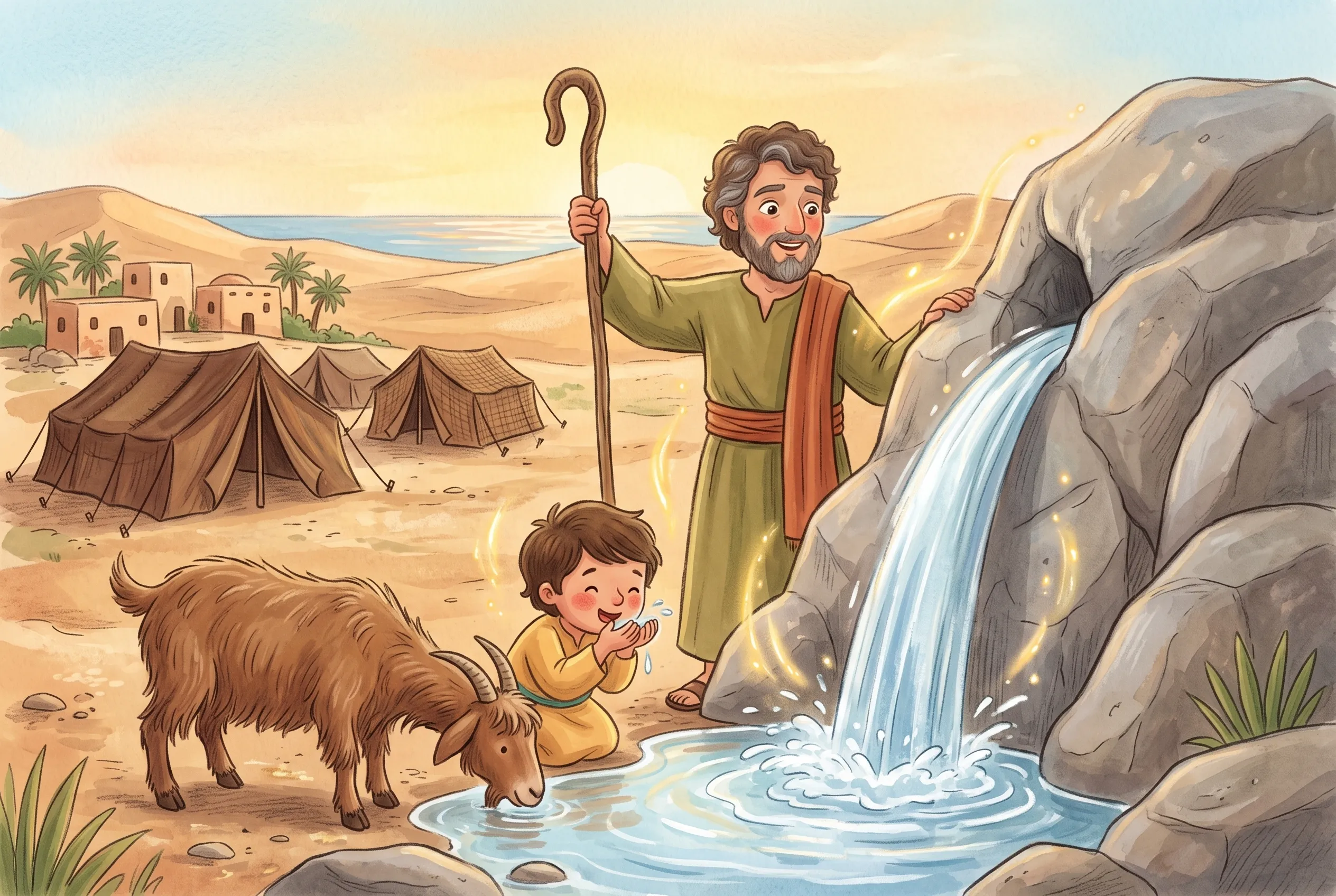 Illustration zu „Wasser aus dem Felsen“: Aus einem grauen Felsen sprudelt Wasser, Mose steht mit erhobenem Stab daneben, vorne kniet ein Junge und trinkt, und eine Ziege steckt die ganze Schnauze ins Wasser.