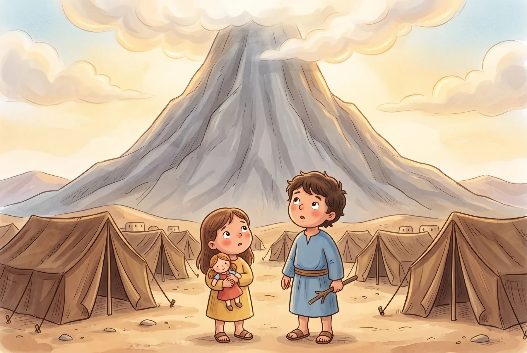 Szene 1: Die kleine Naemi mit ihrer Stoffpuppe im roten Kleid und ihr großer Bruder Joschi stehen vor den Zelten am Fuß des hohen grauen Berges Sinai.