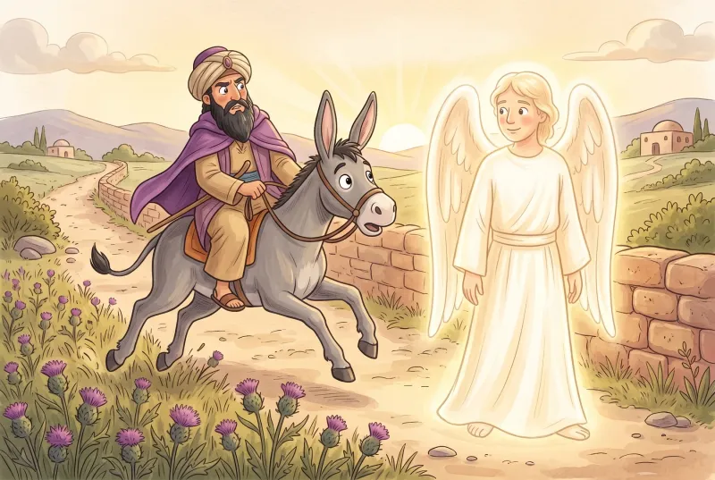 Szene 2: Die Eselin springt mit hochgestellten Ohren vom Weg ins Feld, weil vor ihr ein heller Engel steht; Bileam auf ihrem Rücken schaut verärgert in die andere Richtung.