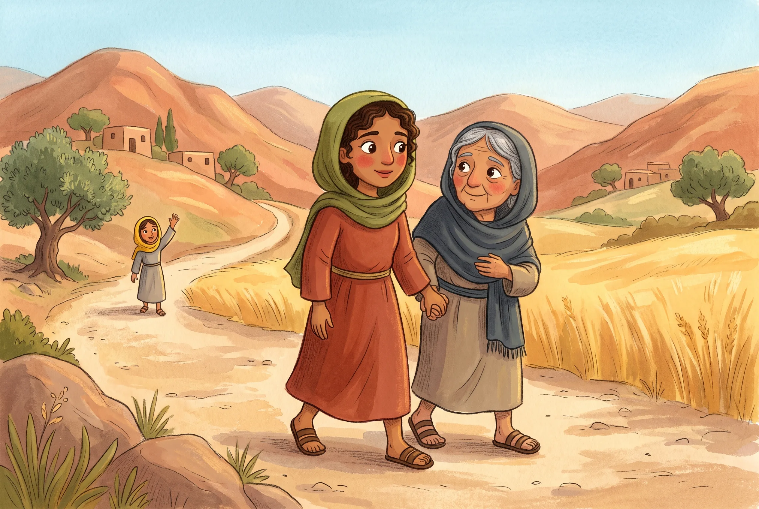 Illustration zu „Rut bleibt bei Noomi“: Zwei Frauen gehen Hand in Hand einen staubigen Bergweg entlang, die ältere stützt sich auf die jüngere, weit hinten winkt Orpa zum Abschied.