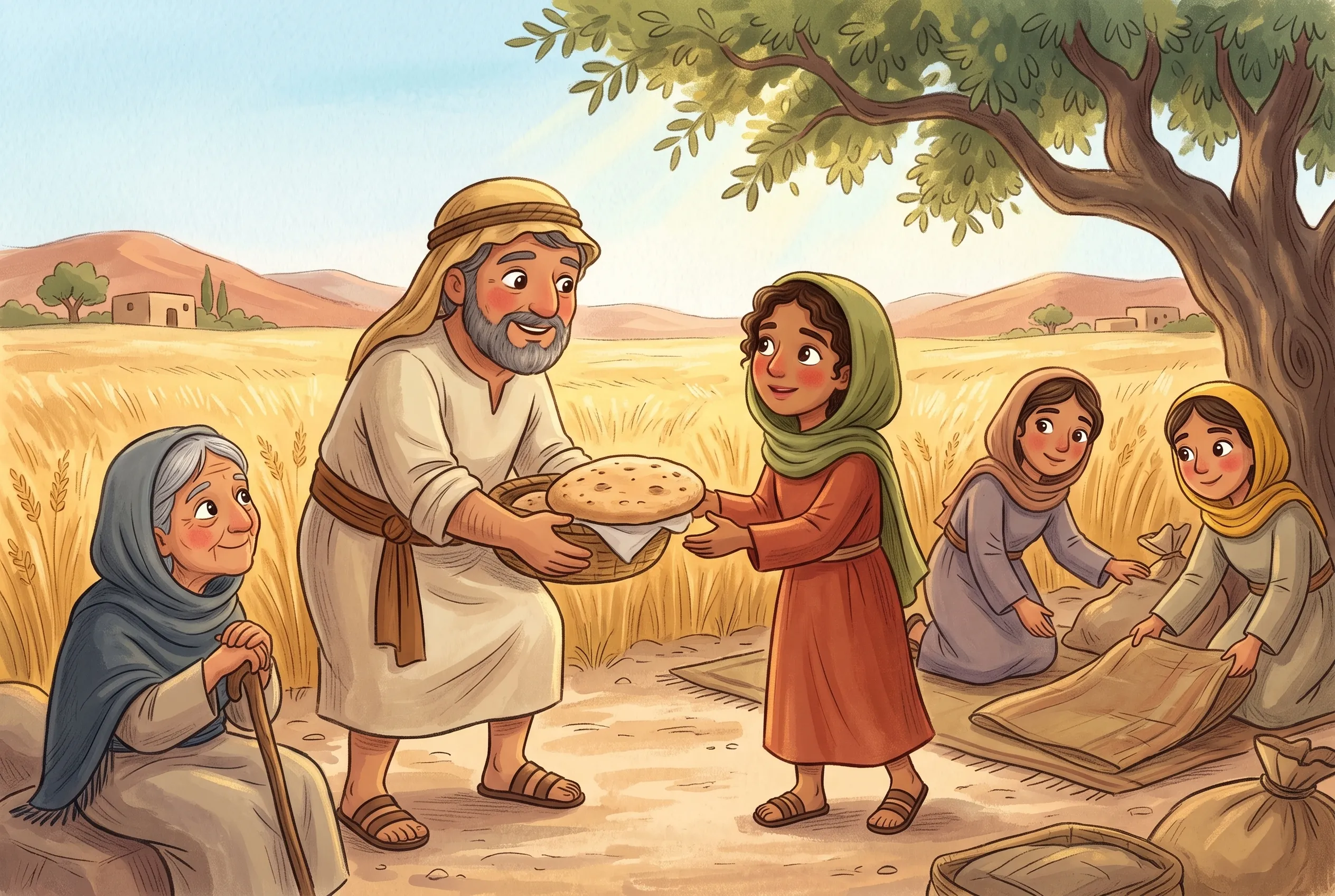 Illustration zu „Rut sammelt Ähren bei Boas“: Mittagspause im Schatten am Feldrand: Boas reicht Rut Brot, die anderen Frauen rücken zur Seite, hinten liegt das goldene Gerstenfeld.