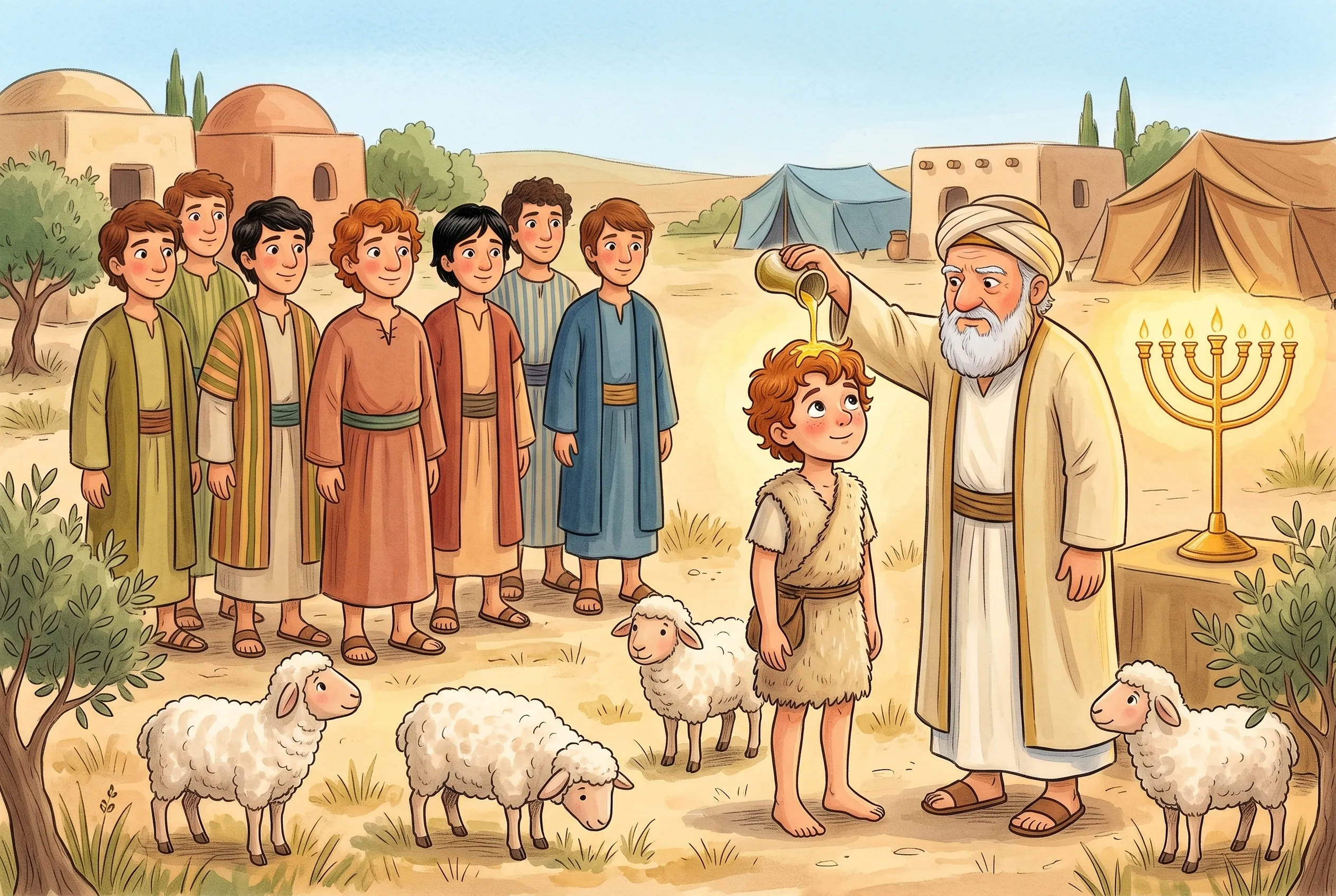 Illustration zu „Samuel sucht einen König – David, der kleine Hirtenjunge“: Sieben große Brüder in feinen Kleidern stehen in einer Reihe, vorne gießt der alte Samuel Öl über den Kopf des barfüßigen, zerzausten Hirtenjungen David.