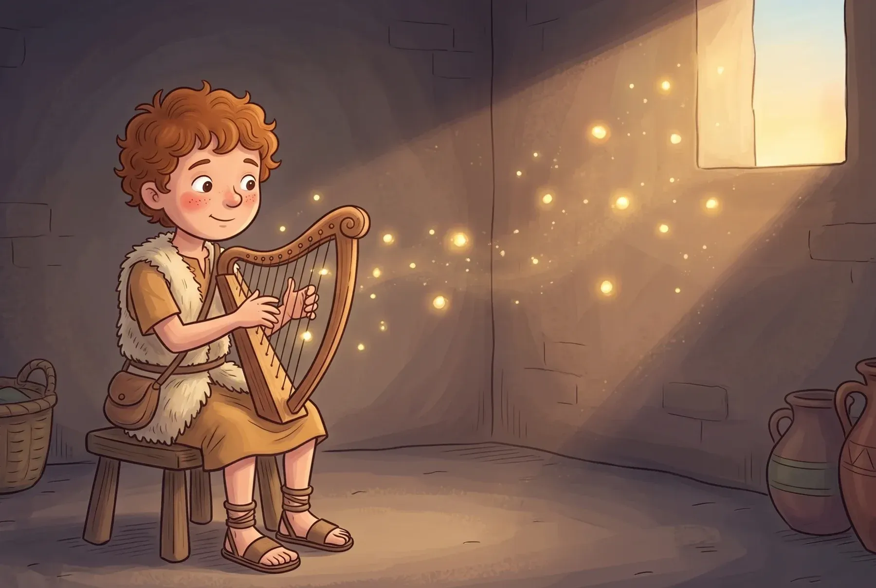 Szene 6: David sitzt auf einem Schemel und beginnt leise Harfe zu spielen; die Töne schweben wie kleine goldene Lichter durch das dunkle Zimmer.
