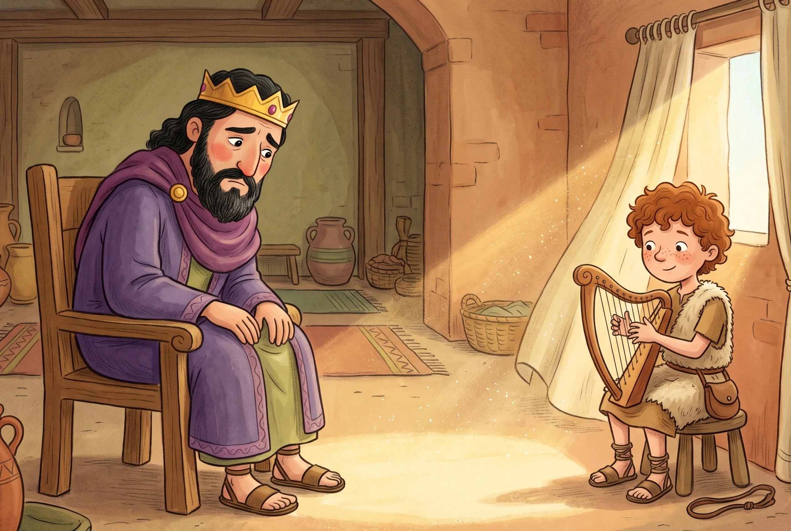 Illustration zu „David spielt für den traurigen König“: Im halbdunklen Zimmer sitzt der zusammengesunkene König, in der Ecke spielt der junge David Harfe, und gerade fällt ein erster Sonnenstrahl durch den geöffneten Vorhang.