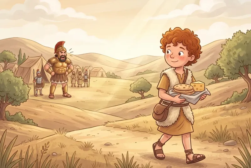 Szene 4: Der Hirtenjunge David kommt mit Brot und Käse übers Feld und schaut furchtlos zum großen Goliat hinüber.