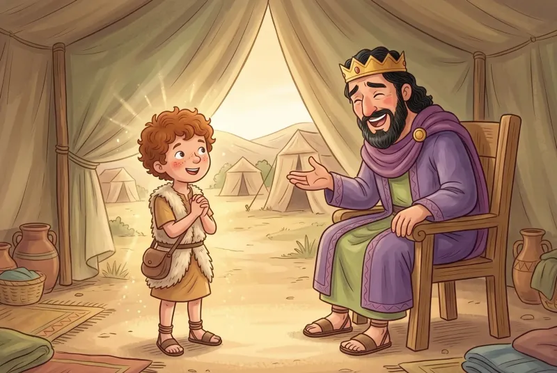 Szene 5: David steht mutig vor König Saul im Zelt; Saul lacht ungläubig über den kleinen Jungen.