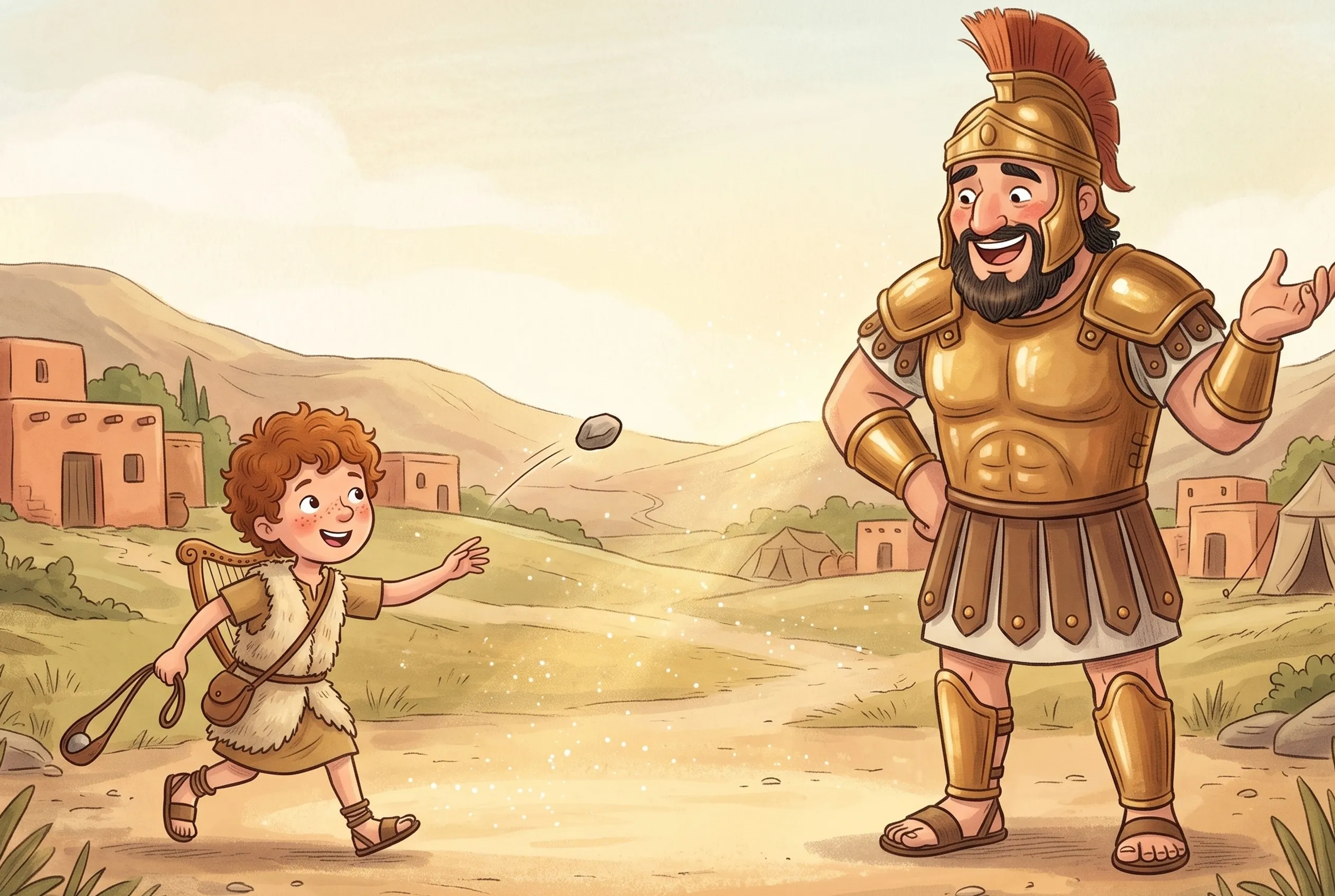 Illustration zu „David und der große Goliat“: Der kleine David in einfacher Hirtenkleidung schwingt seine Schleuder, ihm gegenüber ragt ein riesiger Goliat in glänzender Rüstung auf und lacht.