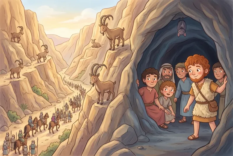 Szene 2: David und seine Freunde verstecken sich zwischen steilen Felsen in der Wüste, wilde Steinböcke klettern umher.