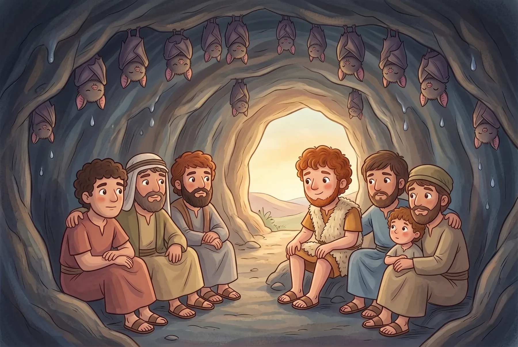 Szene 3: David und seine Männer sitzen ganz hinten in einer dunklen Höhle; an der Decke hängen Fledermäuse.
