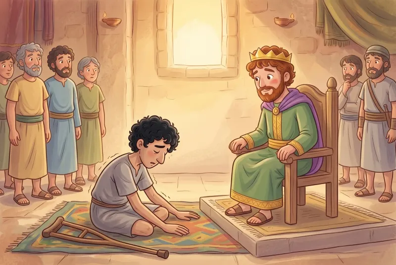 Szene 6: Mefiboschet sitzt zitternd auf dem Boden vor dem Thron von König David, die Krücken neben sich.