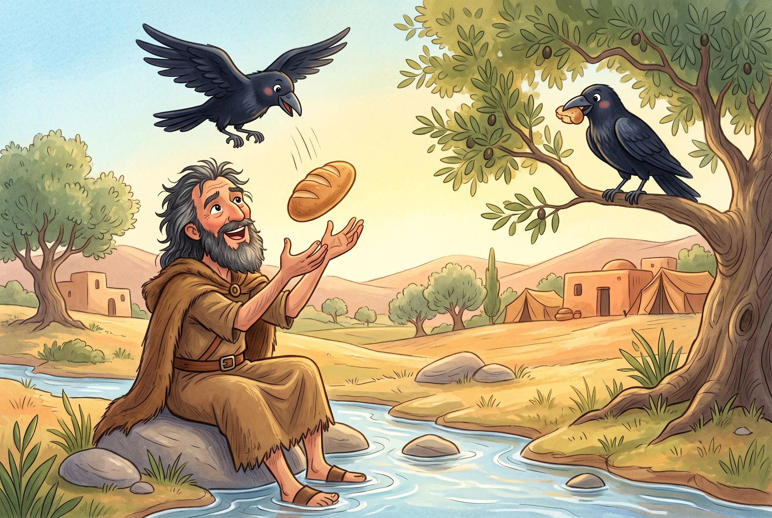 Illustration zu „Die Raben bringen Elia Brot“: Elia sitzt am Bach und fängt lachend ein Brot auf, das ihm ein schwarzer Rabe von oben fallen lässt; auf einem Ast wartet ein zweiter Rabe mit einem Stück Fleisch im Schnabel.