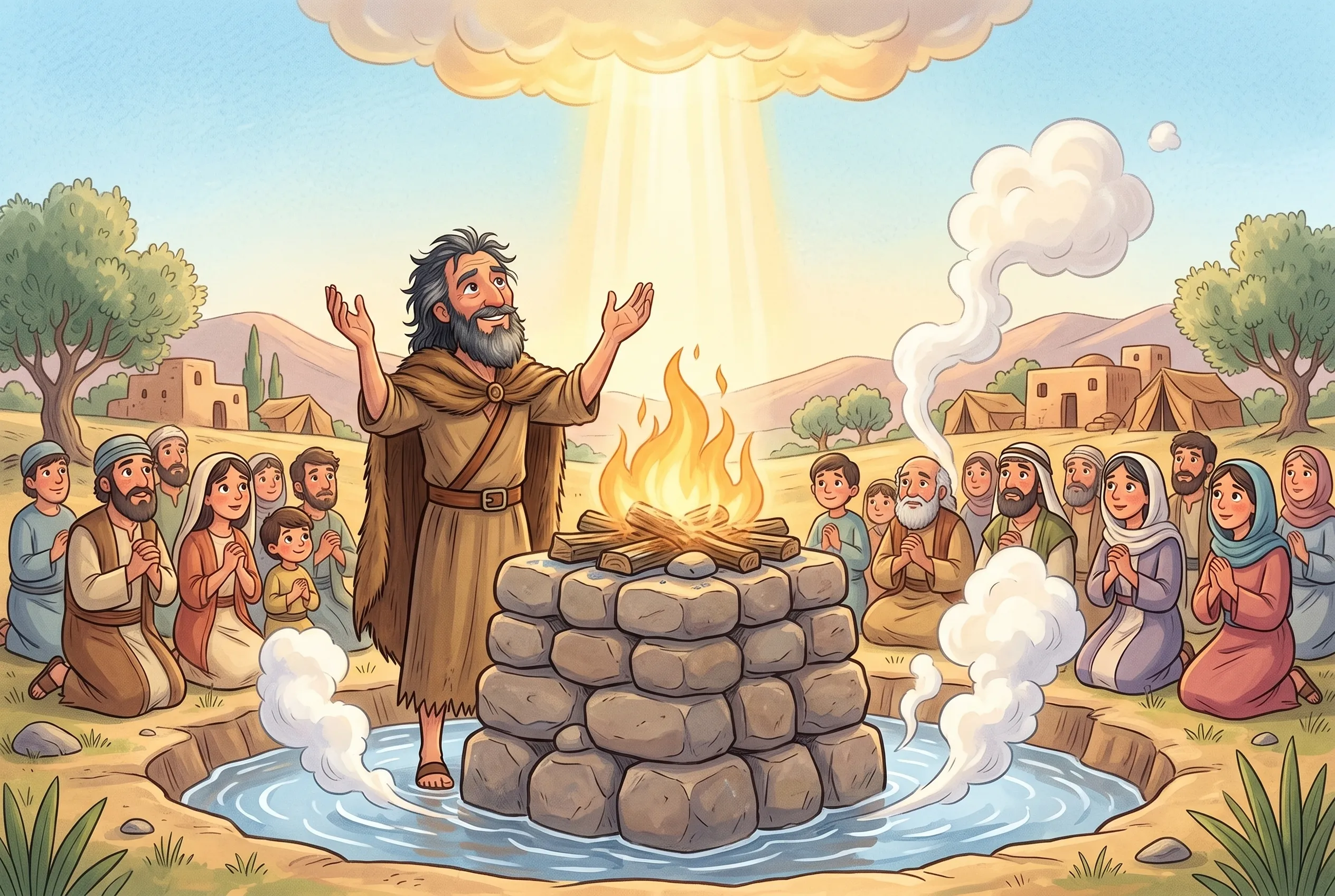 Illustration zu „Feuer auf dem Berg Karmel“: Feuer stürzt vom Himmel auf einen nassen Altar aus zwölf Steinen, Dampf zischt aus dem Graben, Elia steht ruhig mit erhobenen Händen, die Menge fällt auf die Knie.