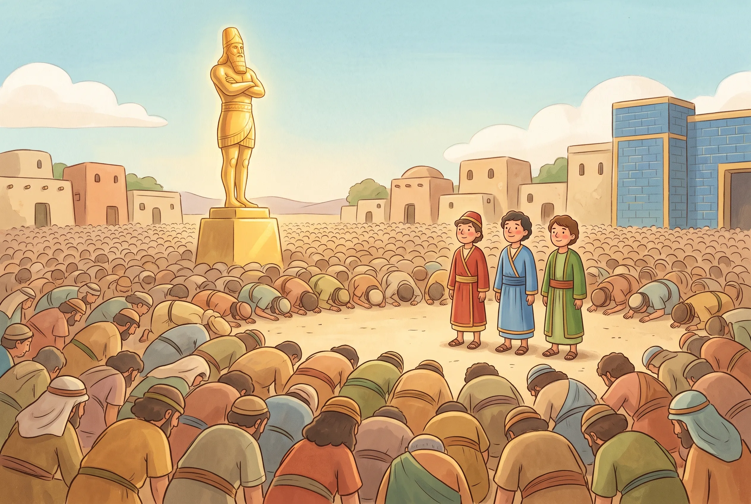 Illustration zu „Drei Freunde im Feuerofen“: Auf einem großen Platz liegen Tausende Menschen vor einer riesigen goldenen Figur am Boden, nur drei Freunde stehen aufrecht.