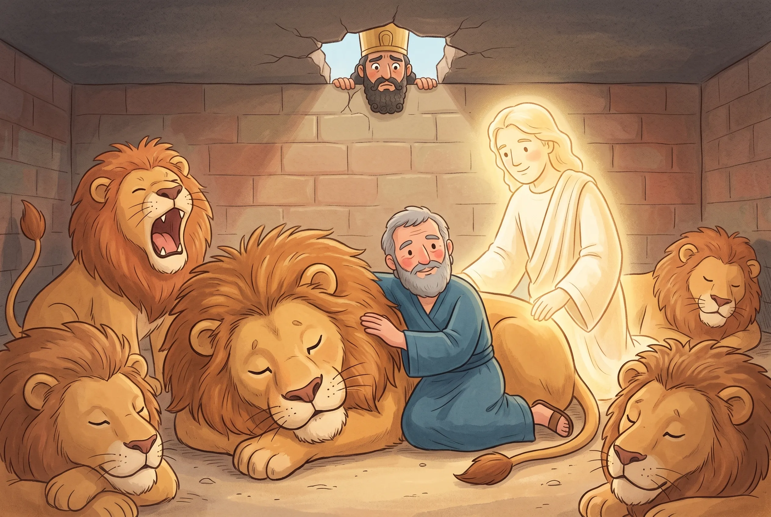 Illustration zu „Daniel bei den Löwen“: Tief unten in der dämmrigen Grube lehnt Daniel an einem schlafenden, zotteligen Löwen, andere Löwen gähnen, ein Engel leuchtet sanft; oben späht der König durch einen Spalt.