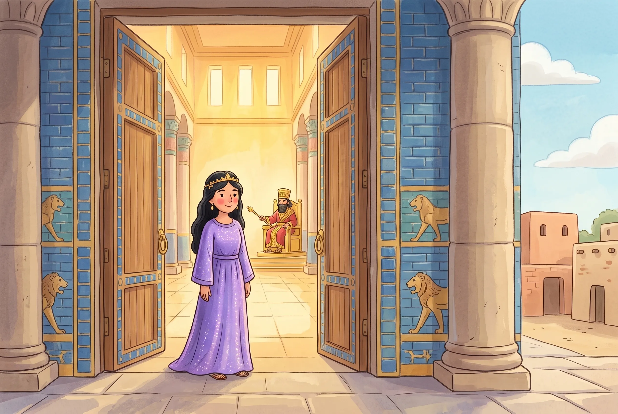 Illustration zu „Ester fasst Mut“: Königin Ester steht in einem prächtigen Kleid allein in der offenen Tür des riesigen Thronsaals, ganz hinten streckt der König ihr das goldene Zepter entgegen.