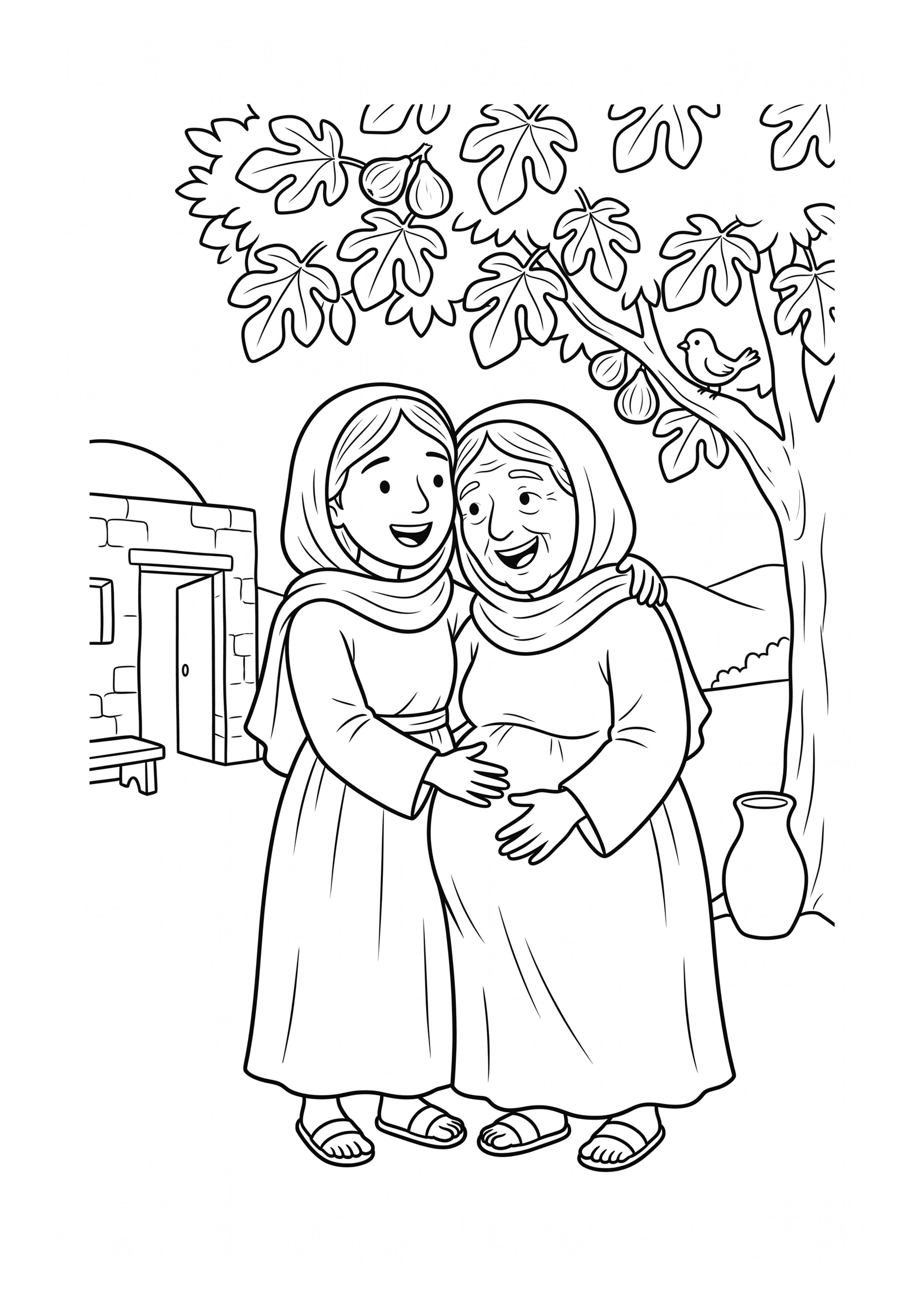 Ausmalbild zu „Maria besucht Elisabet“
