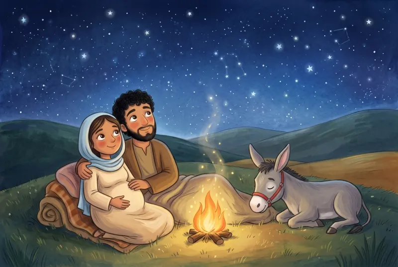 Szene 4: Nachts auf einem Hügel am kleinen Feuer: Josef legt den Arm um Maria, beide schauen in den Sternenhimmel, der Esel döst.