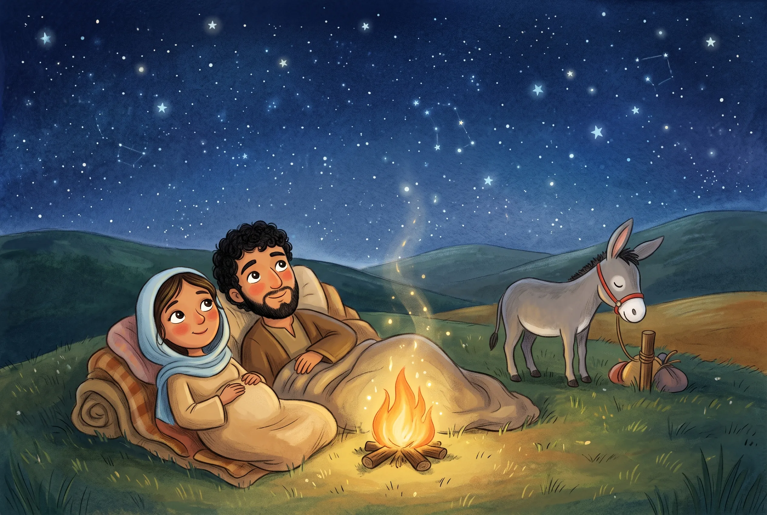 Illustration zu „Der weite Weg nach Betlehem“: Nachts auf einem Hügel: Maria und Josef liegen in Decken an einem kleinen Feuer, der Esel döst, darüber ein riesiger Sternenhimmel.