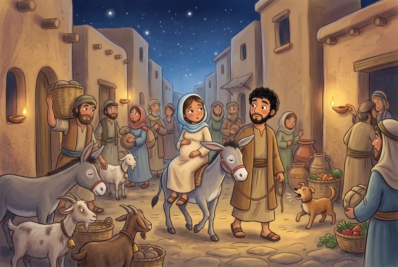 Szene 1: Im Abenddämmer kommen Maria auf dem Esel und Josef in den vollen Gassen von Betlehem an, überall Menschen, Körbe und Ziegen.