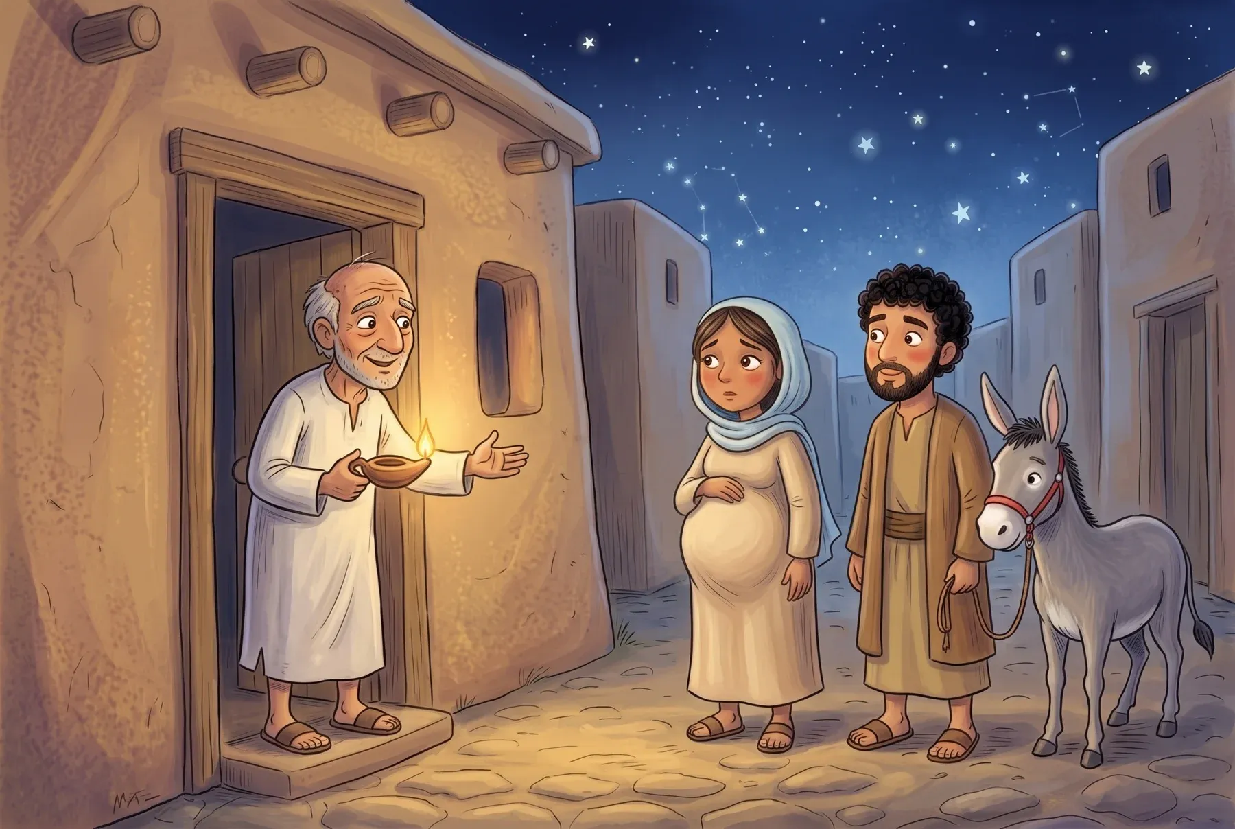 Szene 4: In der Tür des schiefen Hauses steht ein alter Mann im Nachthemd mit einer Öllampe und schaut freundlich auf Maria und Josef.